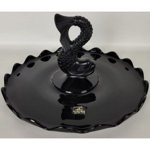 Vintage Viking Glass Black Amethyst Dolphin Fish Serving Tray‎ Platter 11"
